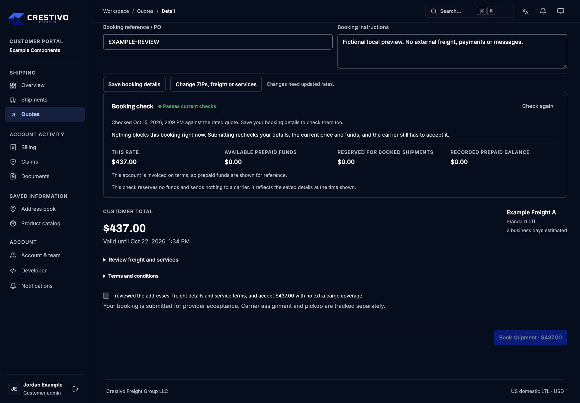 Booking review in the Crestivo client portal, with readiness checks, funds, price, unchecked consent and the final booking action.