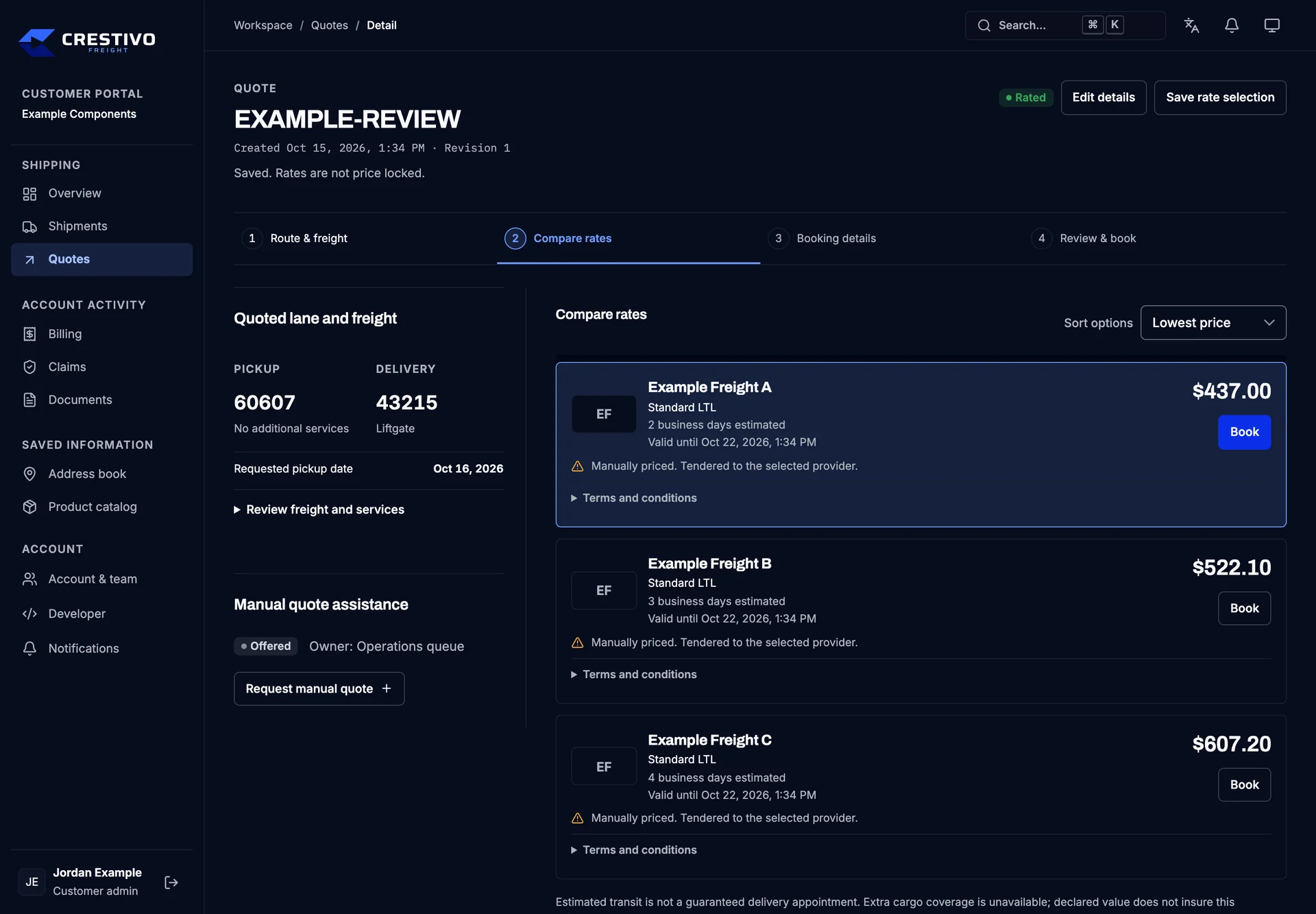 The quote screen of the Crestivo client portal, showing the quoted lane and freight beside a rates panel listing carrier options with prices and transit times.