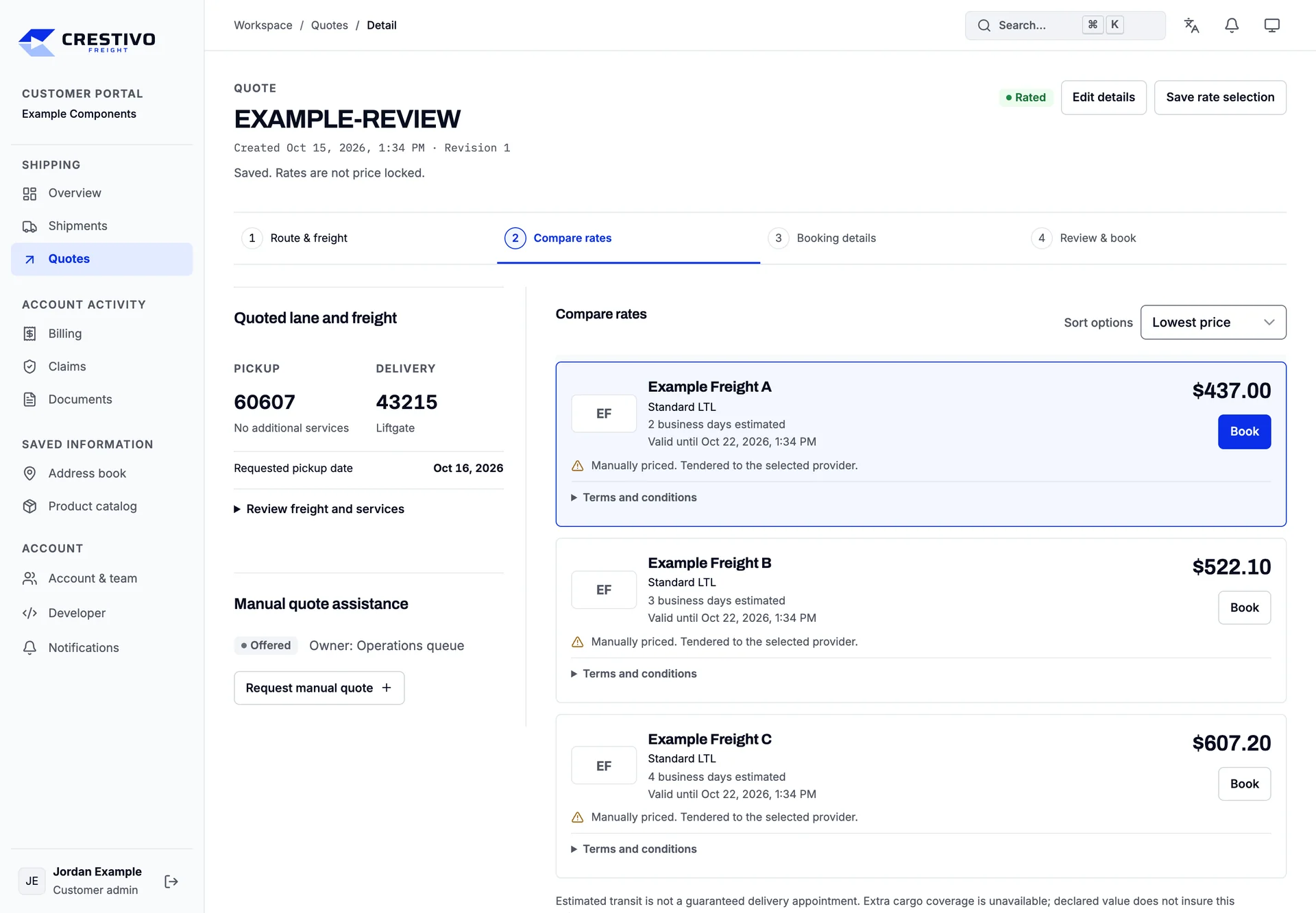 A quote in the client portal: the quoted lane and freight on the left, and a rates panel on the right listing carrier options with their prices and transit times.