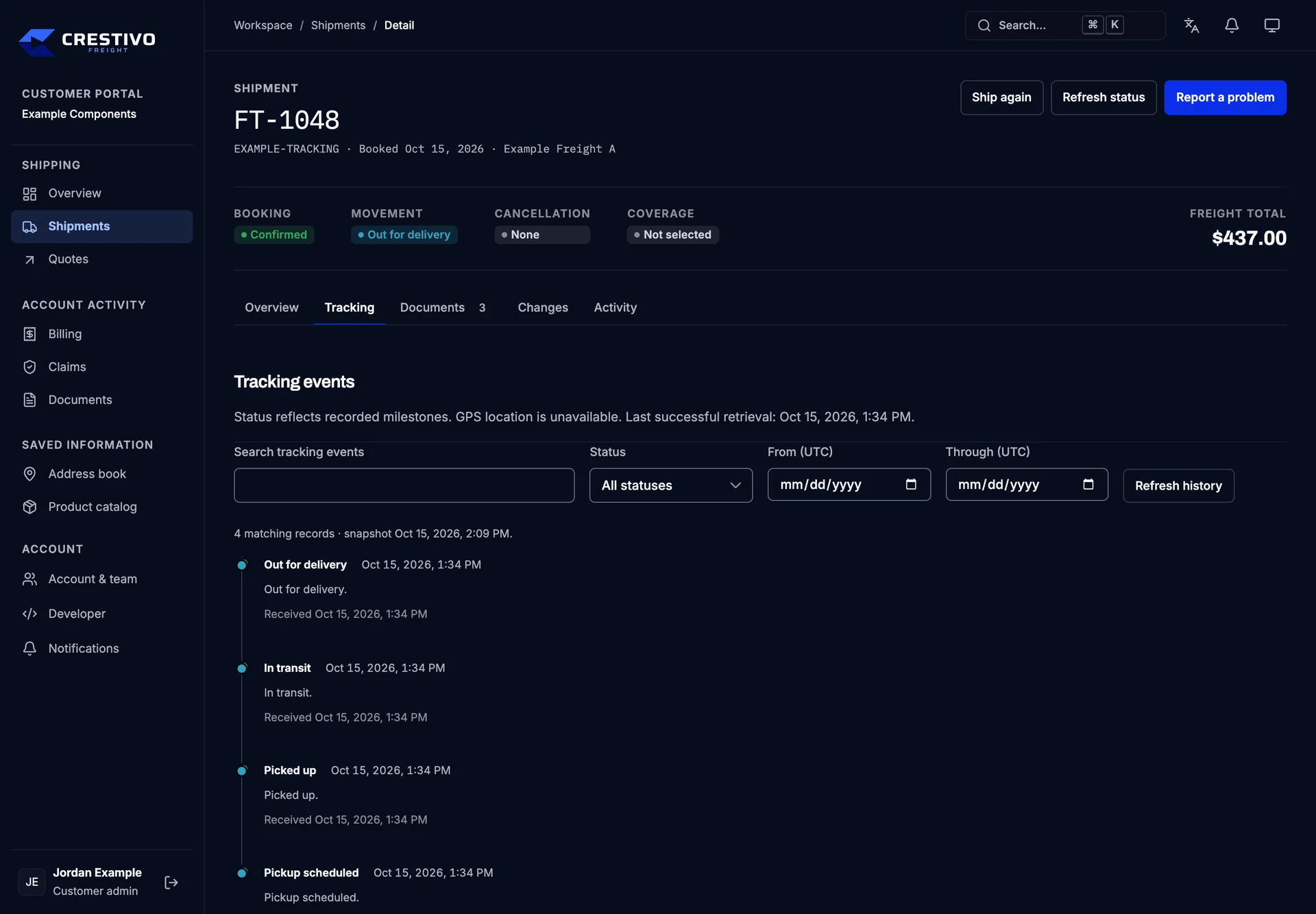 A shipment tracking timeline in the Crestivo client portal, with booking and movement states and recorded carrier milestones.